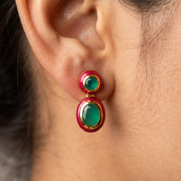 Countless Blessings Genuine 6.5 carat Authentic Emerald enamel 18K Gold over .925 Sterling Silver handcrafted earrings - Emerald earrings worn on ear, close-up view