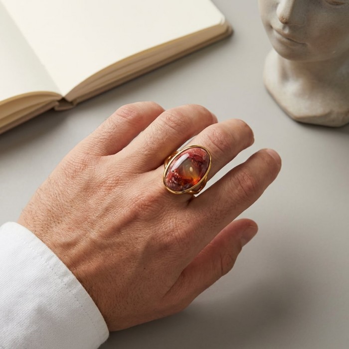 Queen of Fire best quality 22.4 carat Mexican Opal 18K Rose Gold over .925 Sterling Silver handmade ring 8 adjustable - Mexican Opal ring worn on hand, showcasing 22.4 carat stone in 18K gold.