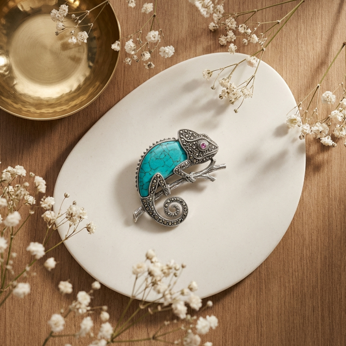 Spectacular Big Chameleon Lizard inlay Turquoise .925 Sterling Silver handmade Brooch - Side view of chameleon lizard brooch with turquoise inlay on wood background