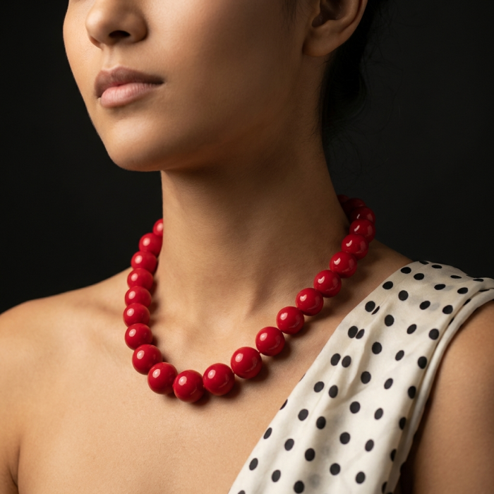 ESTANCIA Sublime natural Red Fossilized Coral Sterling Silver handmade Necklace - Red coral necklace side view, worn on model with polka dot dress