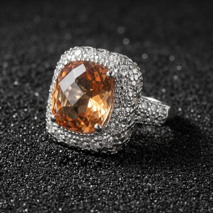 Authentic cushion cut 10.2 carat volcanic Morganite 14K White Gold over .925 Sterling Silver ring s. 7 3/4 - Close-up of cushion cut Morganite ring with diamond accents
