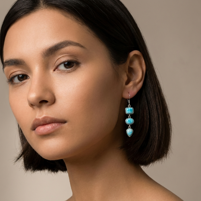 Precious Blue Larimar .925 Sterling Silver handmade earrings - Woman wearing Precious Blue Larimar .925 Sterling Silver earrings.