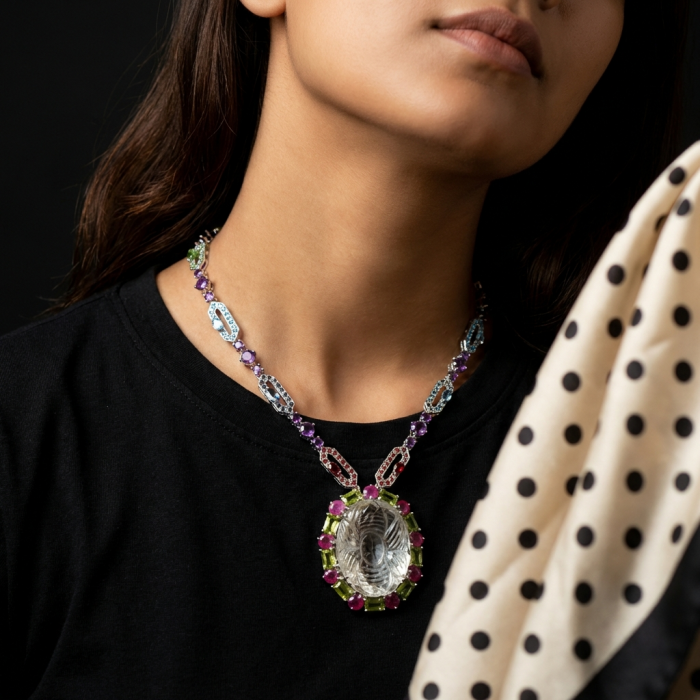 Giovanna Great quality authentic 39.5 carat White Topaz .925 Sterling Silver handmade handcrafted Necklace - Necklace worn, featuring 39.5 carat white topaz and colorful gems.