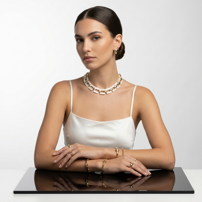 Rainbow Cascade Precious natural Blister Pearl 18K Gold over .925 Sterling Silver Necklace; 82.5 grams - Model wearing Rainbow Cascade jewelry, front view.