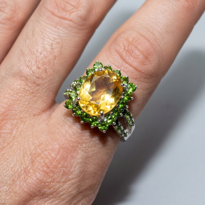 Casablanca 6.5 carat Citrine Emerald .925 Sterling Silver Handcrafted Ring size 6 - Citrine and emerald sterling silver ring worn on hand, top view.