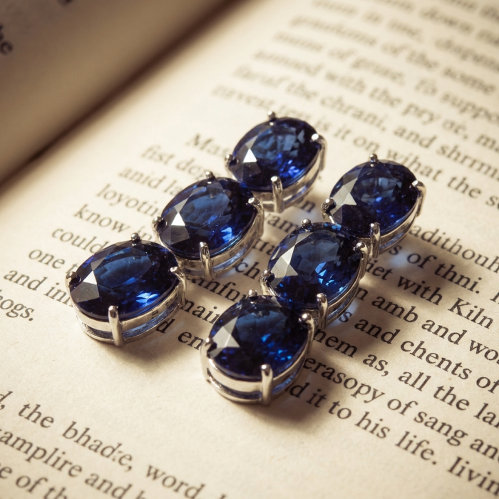 Oceania - Deep Ocean 22.5 carat London Blue Topaz .925 Sterling Silver handmade Statement earrings - Close-up of Oceania - Deep Ocean London Blue Topaz stones on book page