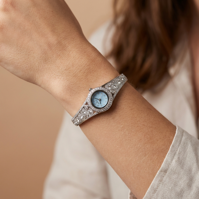 Precious Time Authentic 33.2 carat White Topaz .925 Sterling Silver handmade Bracelet Watch - Worn on wrist: Precious Time watch with 33.2ct white topaz and sterling silver.