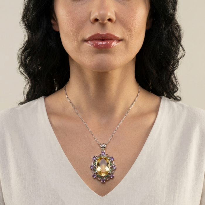 Luxurious Oval cut 32.3 carat Brazilian Citrine rhodium over .925 Sterling Silver handcrafted LARGE pendant - Citrine necklace close-up, worn on model's neck