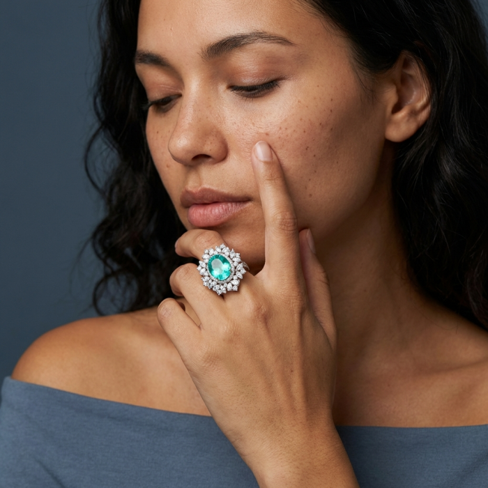 Wonderland 9.5 carat Brazilian Paraiba Tourmaline .925 Sterling Silver Handcrafted Ring size 7 1/4 - Worn on hand, 9.5 carat Brazilian Paraiba Tourmaline ring.