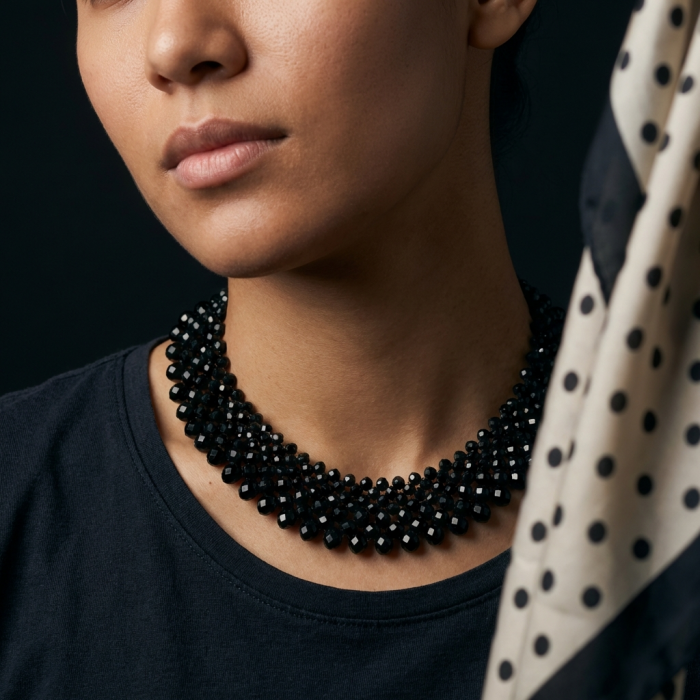 Rachel 250 carat Authentic Onyx .925 Sterling Silver handmade Necklace - Close-up of Rachel 250 carat Onyx necklace worn on the neck.