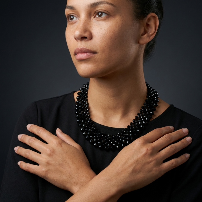 Rachel 250 carat Authentic Onyx .925 Sterling Silver handmade Necklace - Woman wearing Rachel Onyx necklace, front view, arms crossed.