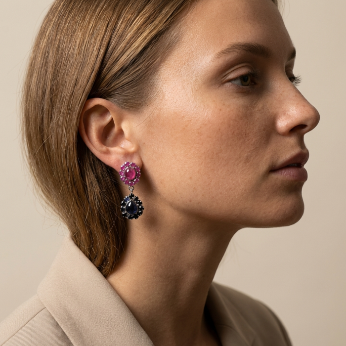 Giovanna - Very Unique - 29.5 carat Sapphire Ruby .925 Sterling Silver dipped in rhodium handcrafted earrings - Side view of earrings with sapphire and ruby worn on ear.