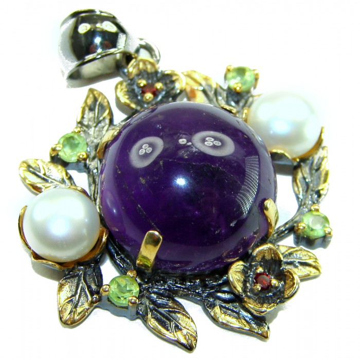 Mademoiselle - 15.4 CARAT authentic Amethyst BLACK RHODIUM OVER .925 Sterling Silver handcrafted Pendant - Amethyst pendant close-up with pearls and floral details