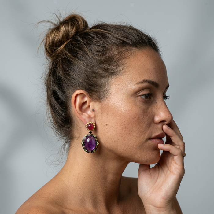 Natural 22.6 carat fancy Amethyst 18K black rhodium Gold over .925 Sterling Silver handmade earrings - Woman wearing large amethyst earrings, side view.
