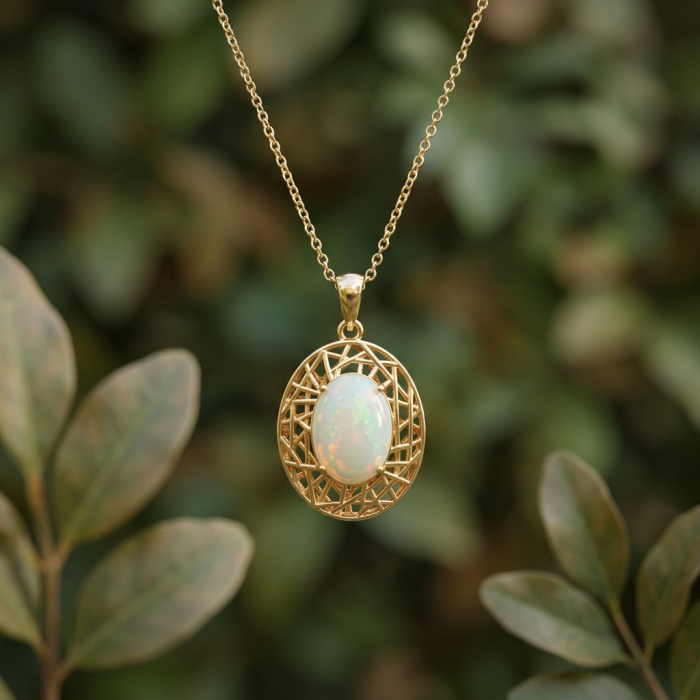 Earth Treasure Authentic 16.8 carat Golden Ethiopian Opal 22K Gold over .925 Sterling Silver handcrafted Statament Necklace - Golden Ethiopian opal pendant on chain with leafy background