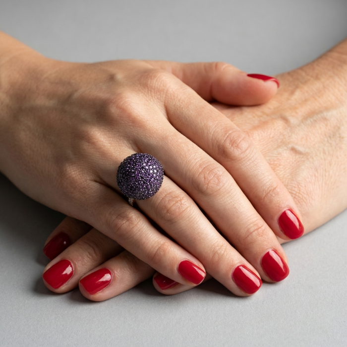 Tiffany Pave 27.5 carat authentic Amethyst .925 Sterling Silver Eternity Ring size 7 1/4 - Amethyst pave ring worn on hand, red nails visible