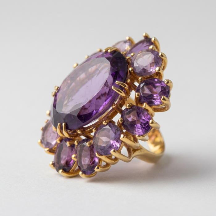 Purple Odyssey 59.5 carat natural Purple Amethyst 18K Gold over .925 Sterling Silver Handcrafted Ring size 7 - Side view of Purple Odyssey 59.5 carat amethyst ring in 18K gold setting