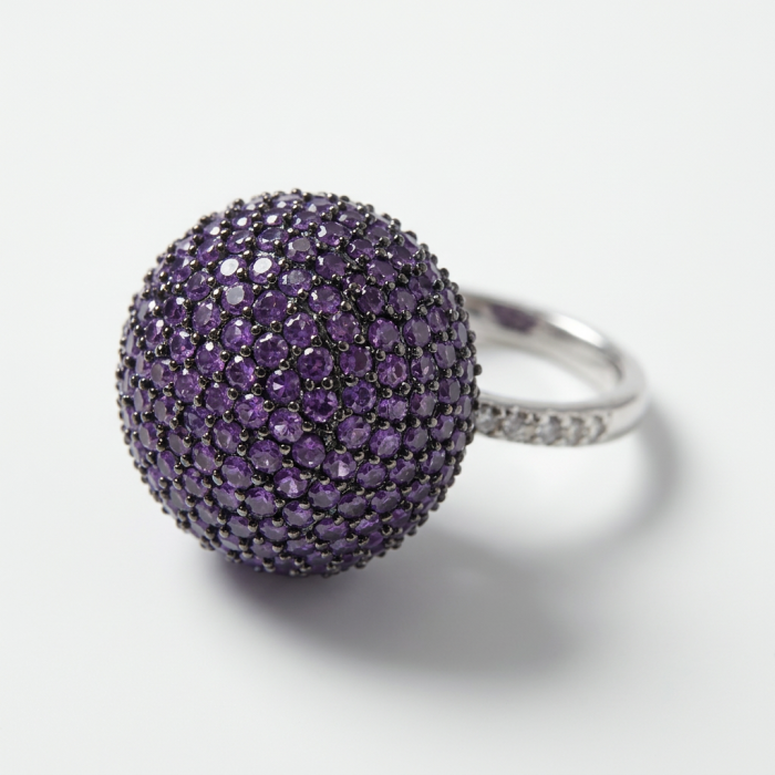 Tiffany Pave 27.5 carat authentic Amethyst .925 Sterling Silver Eternity Ring size 7 1/4 - Close-up of Tiffany Amethyst Pave Sphere Ring on white background.