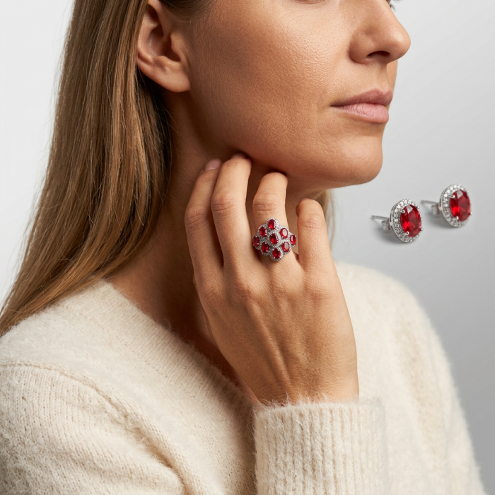 Exotic Beauty oval cut 17.5 carat Volcanic Helenite .925 Sterling Silver handmade Ring s. 8 - Woman wearing Exotic Beauty oval cut ring and earrings in side view