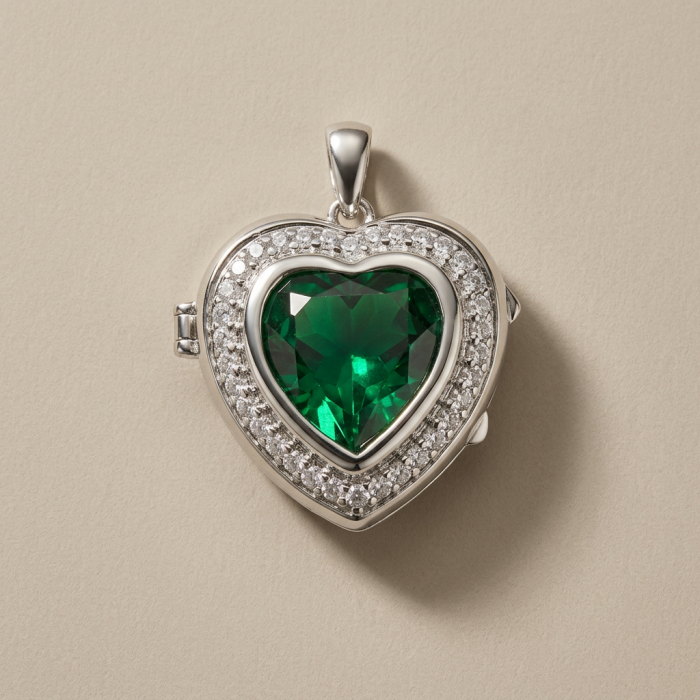 Secret compartment Authentic 18.5 carat Green Helenite .925 Sterling Silver Pendant - Heart-shaped Green Helenite pendant with diamonds, front view.