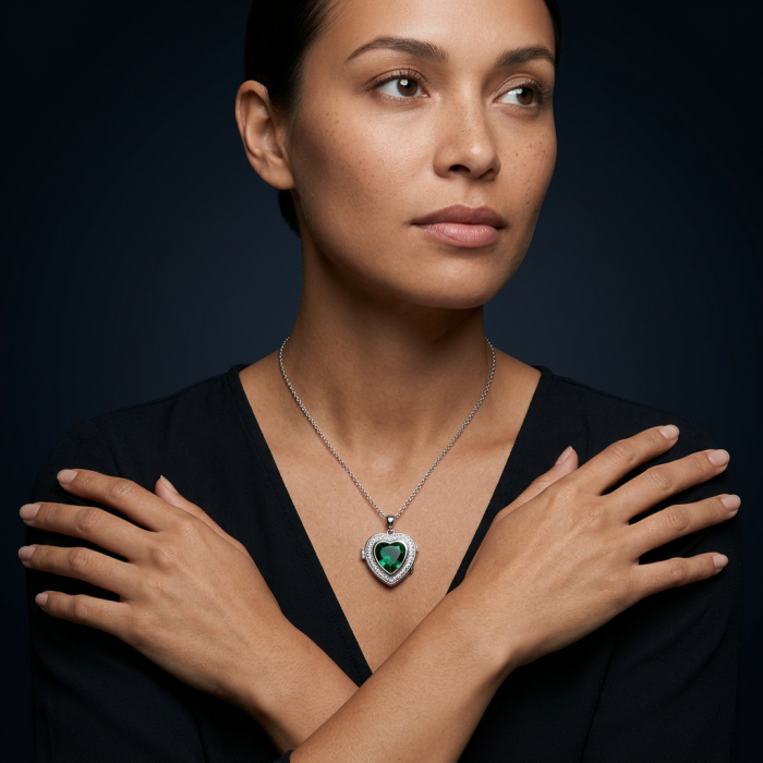 Secret compartment Authentic 18.5 carat Green Helenite .925 Sterling Silver Pendant - Woman wearing heart-shaped green Helenite necklace, arms crossed.