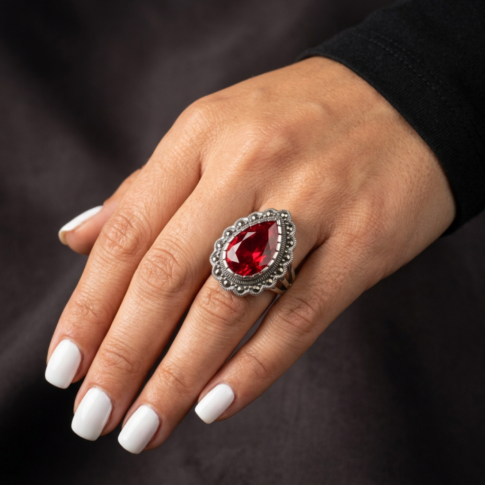 Crimson Fire Authentic 12.4 carat Garnet .925 Sterling Silver brilliantly handcrafted large Statement Ring size 7 1/4 - Worn on hand: Crimson Fire Garnet ring in sterling silver