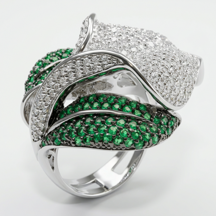 Gabriella 22.2 carat authentic Colombian Emerald .925 Sterling Silver handcrafted Statement Ring size 6 1/4 - Emerald and diamond ring close-up, showcasing intricate details.