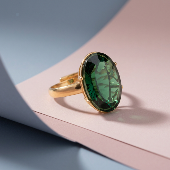 Exotic Beauty oval cut 17.5 carat Helenite .925 Sterling Silver dipped in Real Gold handmade Ring s. 8 - Side view of Exotic Beauty oval cut Helenite ring on folded paper