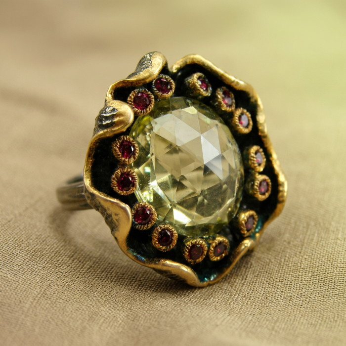Real Treasure 10.5 carat Citrine .925 Sterling Silver dipped in Black rhodium Handcrafted Huge Ring size 6 - Citrine ring close-up, featuring intricate gold and red stone detailing.
