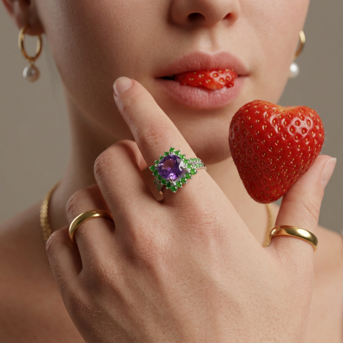 Purple Treasure 6.2 carat Amethyst Travorite Garnet .925 Sterling Silver Ring size 5 - Close-up of amethyst garnet ring worn on hand holding strawberries.