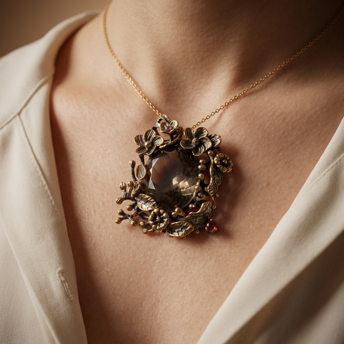 Authentic 33.5 carat carved Smoky Topaz 2 tones .925 Sterling Silver handmade Statement Pendant - Smoky Topaz necklace with floral design worn around neck.
