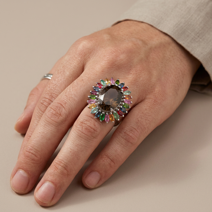 Serenity 10.5 carat Champagne Smoky Topaz .925 Sterling Silver HUGE Ring size 8 1/2 - Serenity ring with Champagne Smoky Topaz, worn on hand, top view.