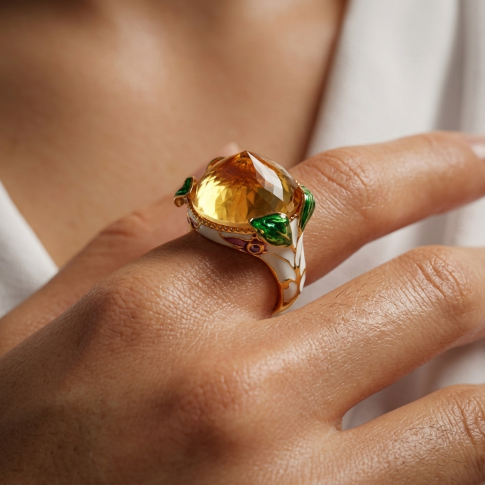 Natural 27.2 carat Brazilian Citrine white enamel .925 Sterling Silver dipped in 22K Gold handmade Statement Ring size 6 1/2 - Citrine ring with enamel detail, worn on hand, close-up view.