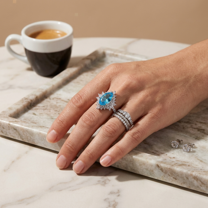 Pacifica 6.5 carat authentic Swiss Blue Topaz .925 Sterling Silver handmade Statement Ring size 6 - Pacifica Blue Topaz ring worn on hand with coffee and earrings nearby.