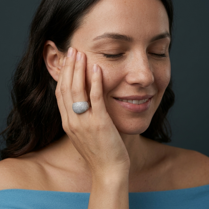 SPECTACULAR 10.5 carat White Topaz .925 Sterling Silver ring size 7 - Woman wearing SPECTACULAR white topaz ring on hand, side view.