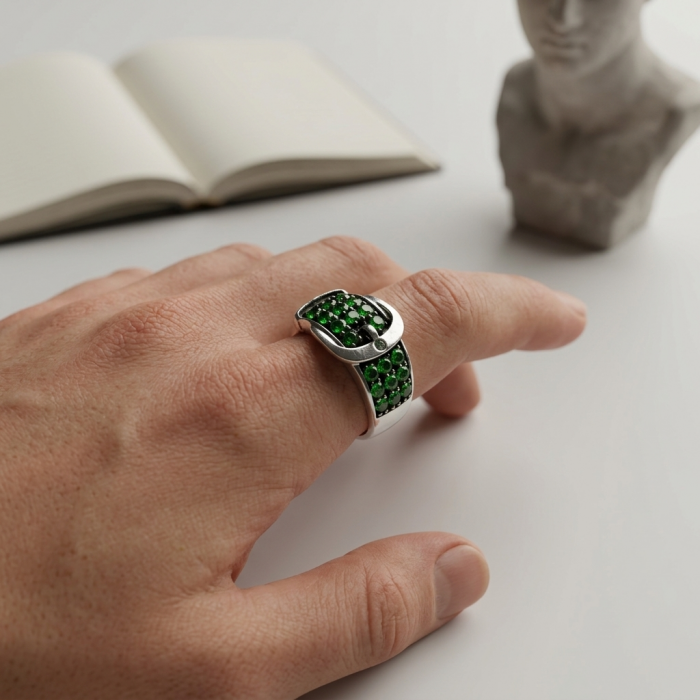 Green Belt 10.2 CARAT Chrome Diopside .925 Sterling Silver Statement Ring s. 5 - Green Belt ring on hand, featuring green chrome diopside stones.