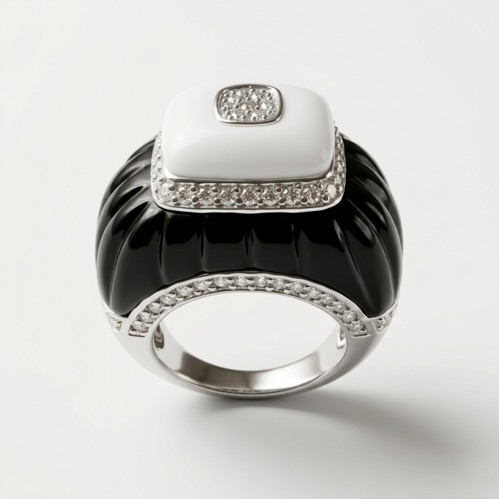 Divine Creation 10.5 carat Howlite black Enamel .925 Sterling Silver handcrafted LARGE Ring s. 7 - Side view of Divine Creation ring with howlite and black enamel