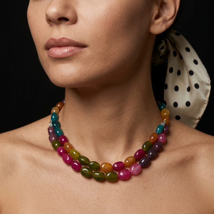 Infinity authentic 79.5 carat Brazilian Tourmaline .925 Sterling Silver handcrafted necklace - Tourmaline necklace worn on neck, showcasing colorful stones.