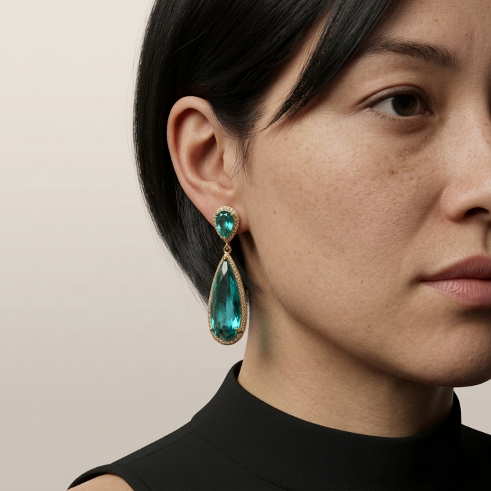 Eau Pure 10.5 carat AQUAMARINE 14K Gold over .925 Sterling Silver Handcrafted Earrings - Side view of aquamarine earrings worn on ear, gold with diamond accents.