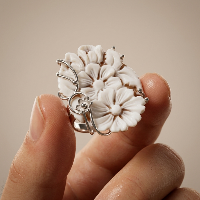 Exquisite Flowers oval Cameo Shell 18K Gold over .925 Sterling Silver handcrafted Made in Italy Statement ring; s. 7 ADJUSTABLE - Close-up of floral cameo shell ring held between fingers