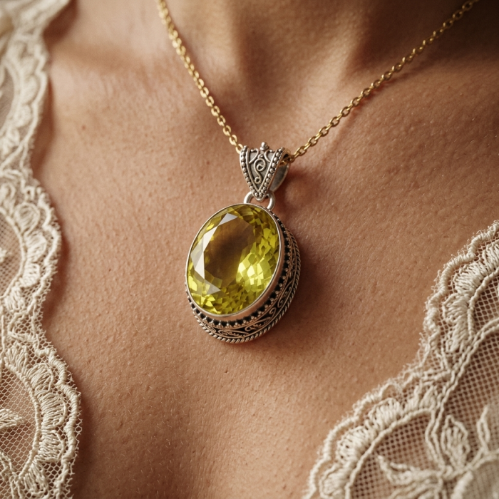 Perfection Oval cut 45.3 carat Lemon Quartz .925 Sterling Silver handcrafted LARGE pendant - Close-up of lemon quartz pendant on a lace top, worn on neck.