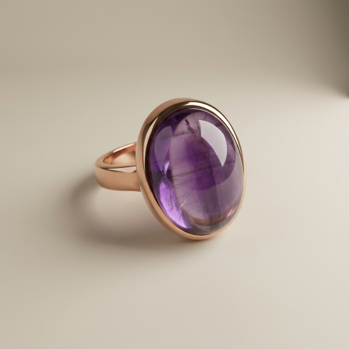 Top quality 16.2 carat Amethyst .925 Sterling Silver dipped in 18K Gold Handcrafted Large Ring size 7 3/4 - Side view of 16.2 carat amethyst in rose-gold plated sterling silver ring.