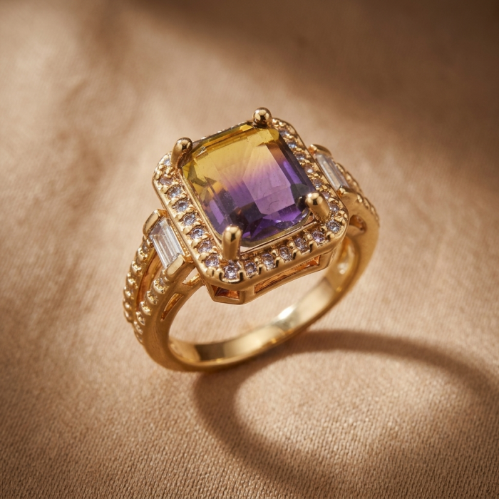 6.5 carat Ametrine 18K Gold over .925 Sterling Silver HANDCRAFTED Ring s. 6 - Ametrine ring close-up on gold fabric background.