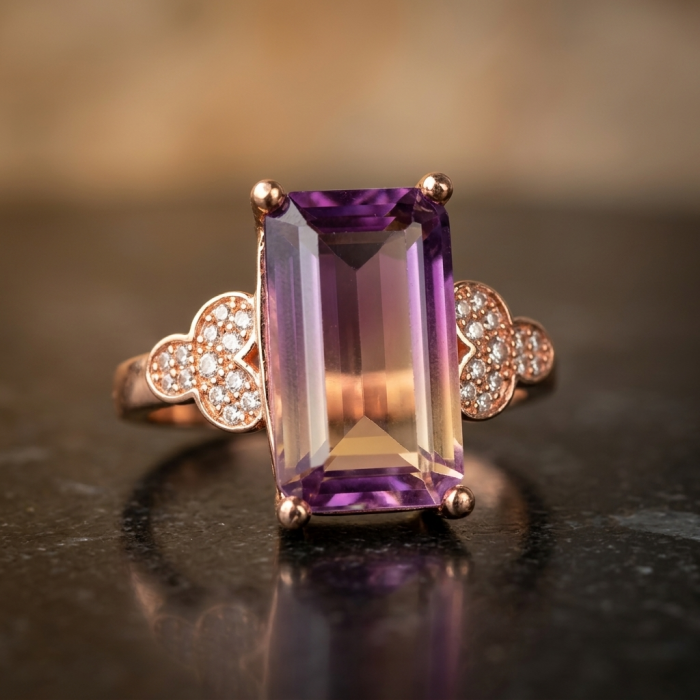 Tiffany baquette cut 10.5 carat Ametrine 18K Rose Gold over .925 Sterling Silver handmade Ring s. 6 1/2 - Ametrine 18K rose gold ring, close-up, showcasing stone and side detailing.