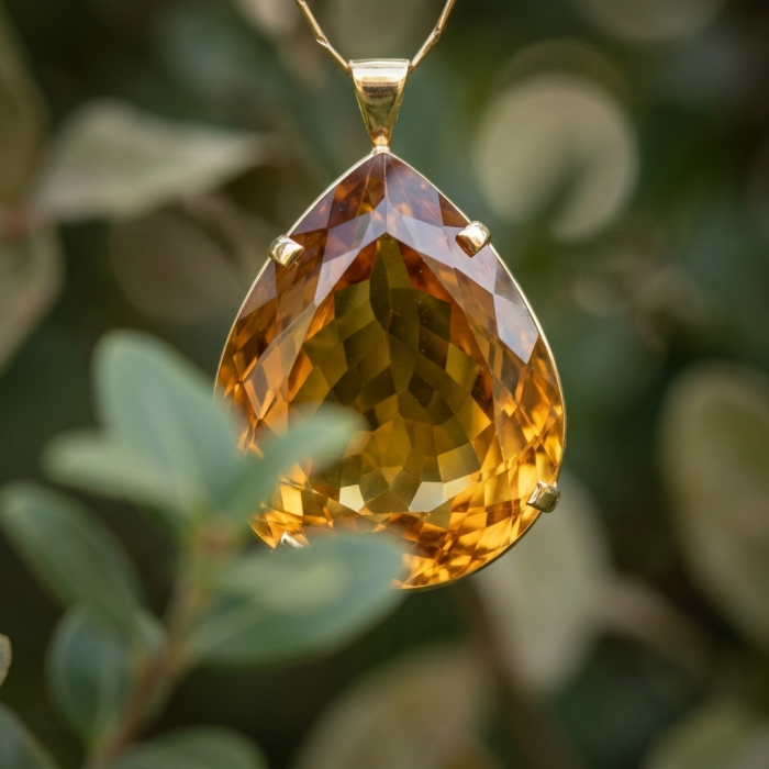 Luxury genuine 53.5 CARAT pear cut Champagne Topaz .925 Sterling Silver dipped in 18K Gold handmade Pendant - Close-up of luxury pear-cut Champagne Topaz necklace.