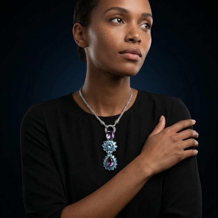 Mademoiselle - 78.5 carat natural Amethyst Swiss Blue Topaz .925 Sterling Silver dipped in Rhodium handcrafted Necklace - Model wearing Mademoiselle necklace with Amethyst and Swiss Blue Topaz.