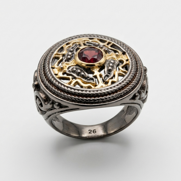Natural 1.9 carat Magic Garnet black rhodium 14K Gold over .925 Sterling Silver handmade Large ring size 7 1/2 - Side view of a natural 1.9 carat garnet ring with black rhodium and gold.