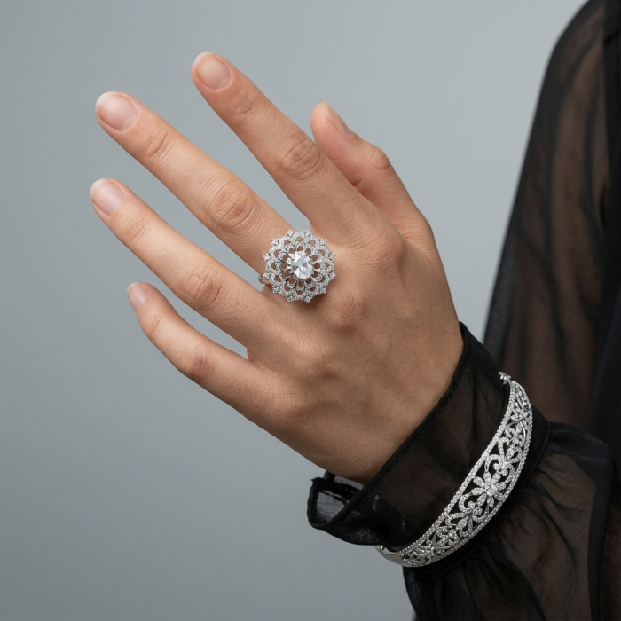 New Concept 14.5 carat White Topaz .925 Sterling Silver ring size 7 - White topaz ring on hand, intricate silver design, top view.