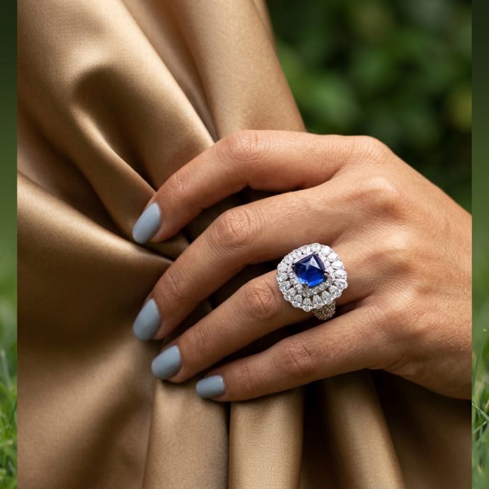 Born to Glam 5.2 carat natural Tanzanite .925 Sterling Silver Perfectly handcrafted Ring s. 7 1/4 - Tanzanite ring worn on hand, close-up view.