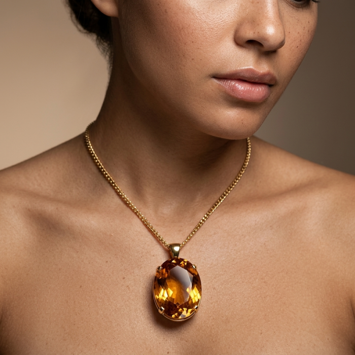 Luxury genuine 39.7 CARAT oval cut Champagne Topaz .925 Sterling Silver dipped in 22K Gold handmade Pendant - Champagne Topaz necklace worn on model displaying front view.
